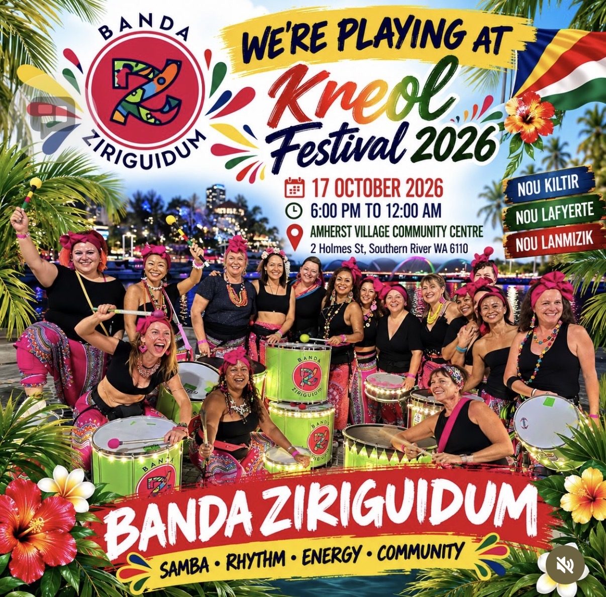 Banda Ziriguidum playing at Kreol Festival 2026, 17 October, Amherst Village Community Centre